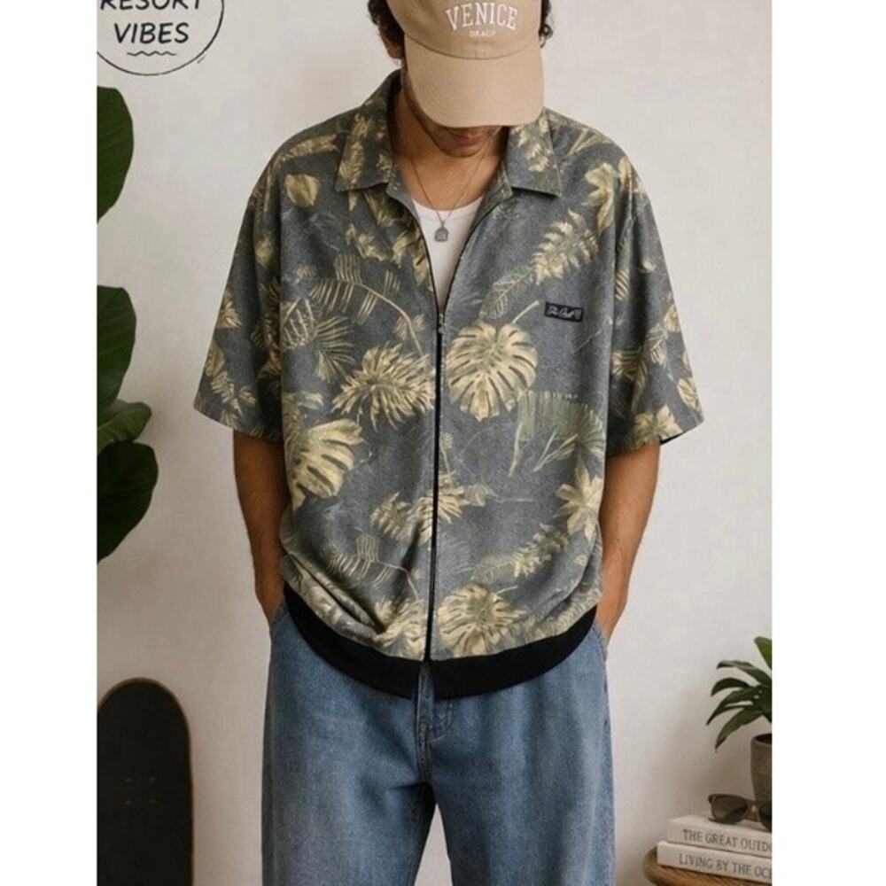 The Pack Tropical Shirt Mens XL Zip Up Hawaiian Jungle Print Streetwear